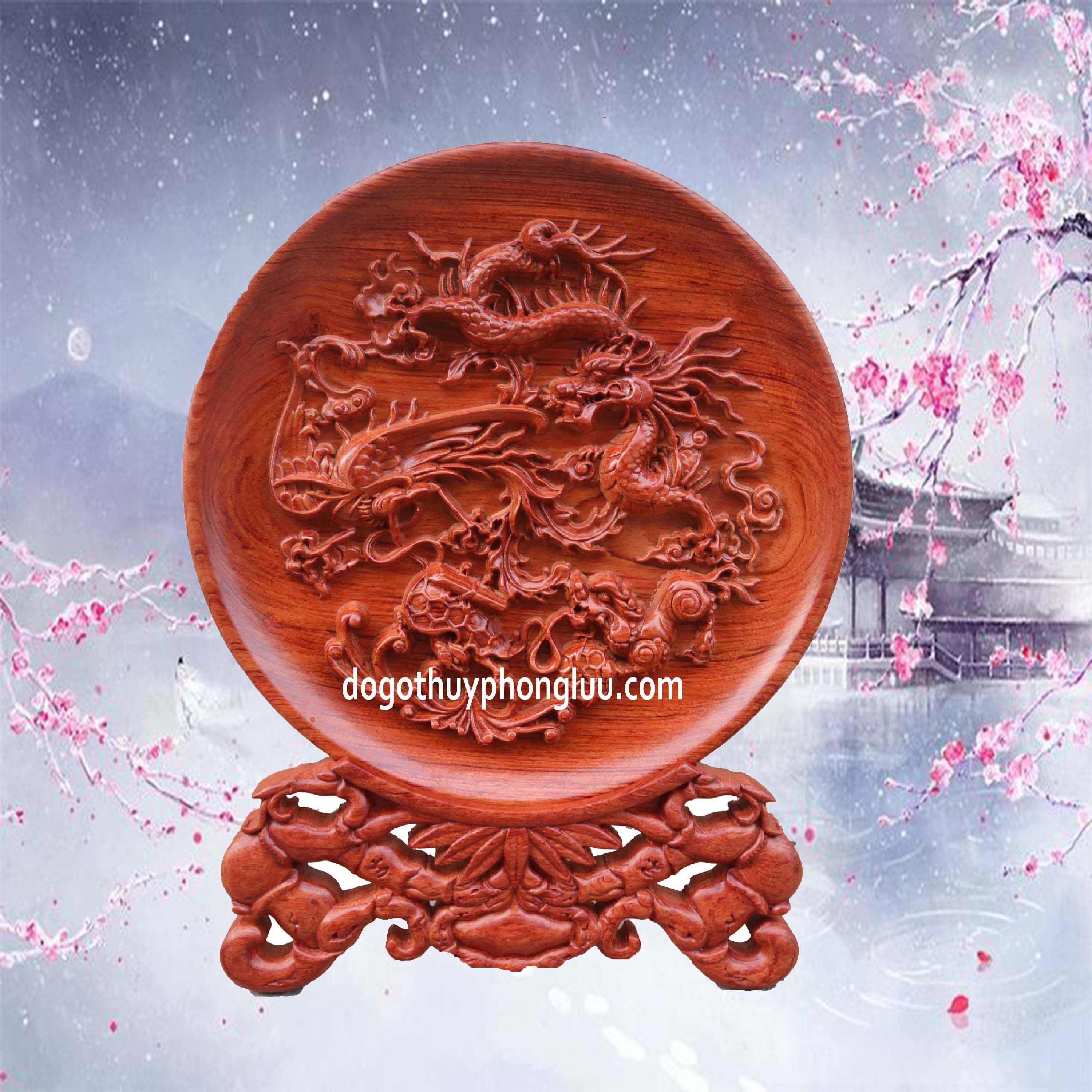 Đĩa thờ tứ linh gỗ hương-Tranh đĩa gỗ nguyên khối hương đá