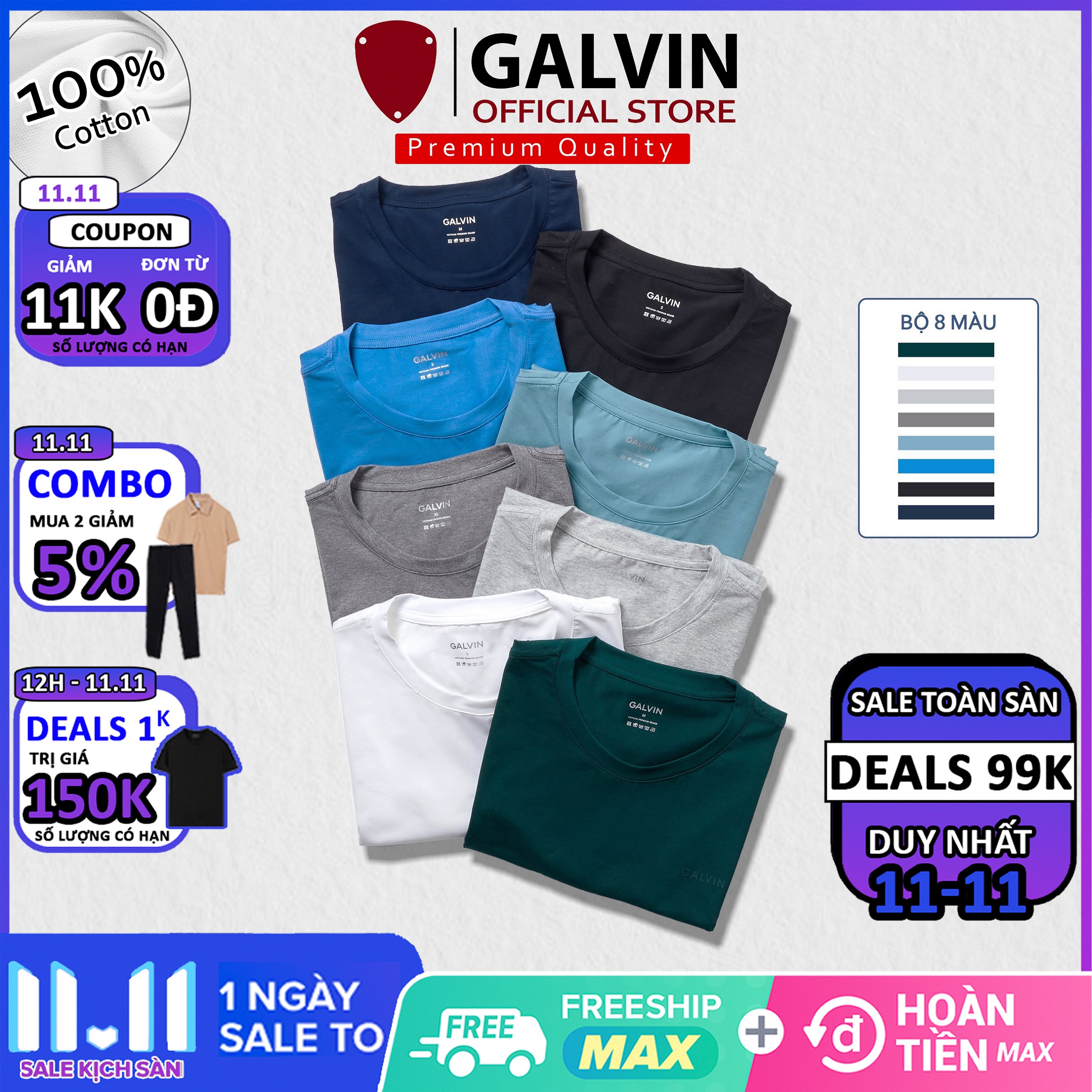 Áo thun nam Galvin Premium  cao cấp 8 màu, áo phông nam tshirt basic vải CVC 95% cotton co giãn thoáng mát giữ form chống UV APGV38 - GALVIN STORE
