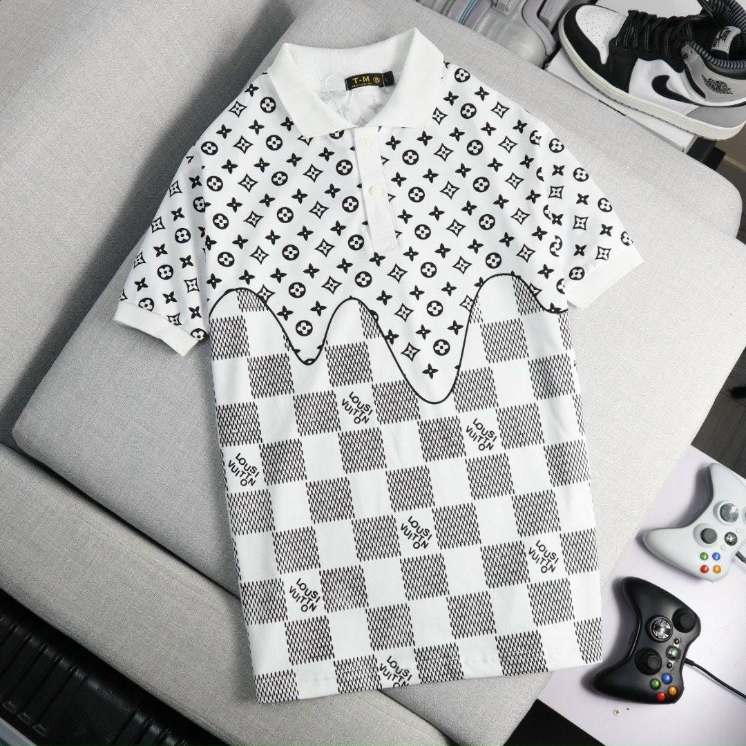 Áo thun nam cổ trụ, áo phông nam tay ngắn phối họa tiết caro hai màu trắng đen from ôm dáng chất vải cotton thoáng mát