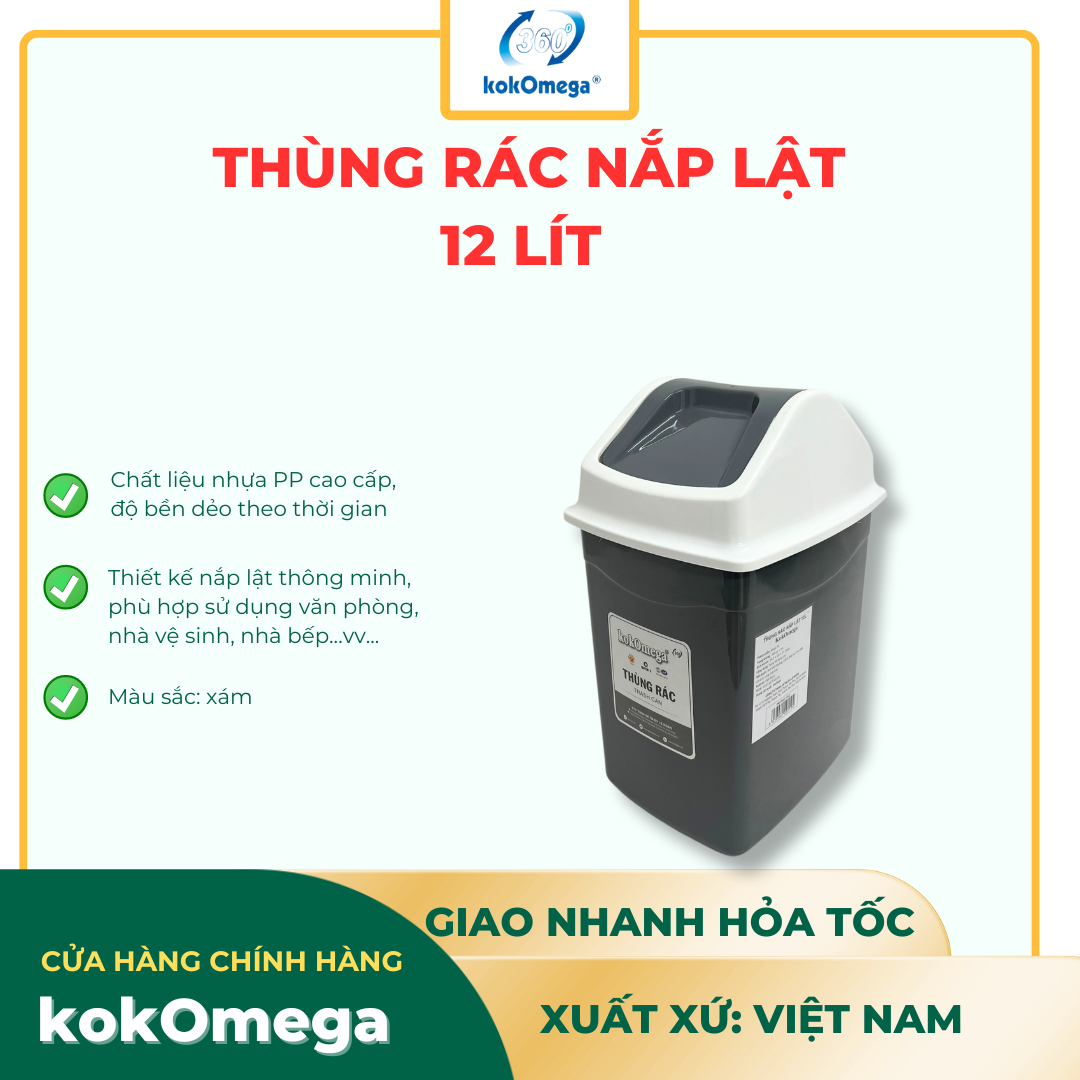 Thùng Rác Nắp Lật kokOmega 12L- (OMTR- 02)