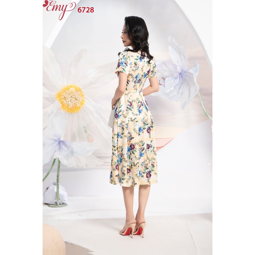 Đầm EMY EM6728 Xòe Midi Cổ V Bèo