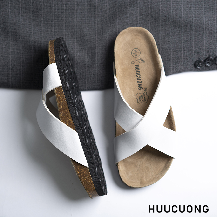 Dép đế trấu unisex quai chéo da pu trắng