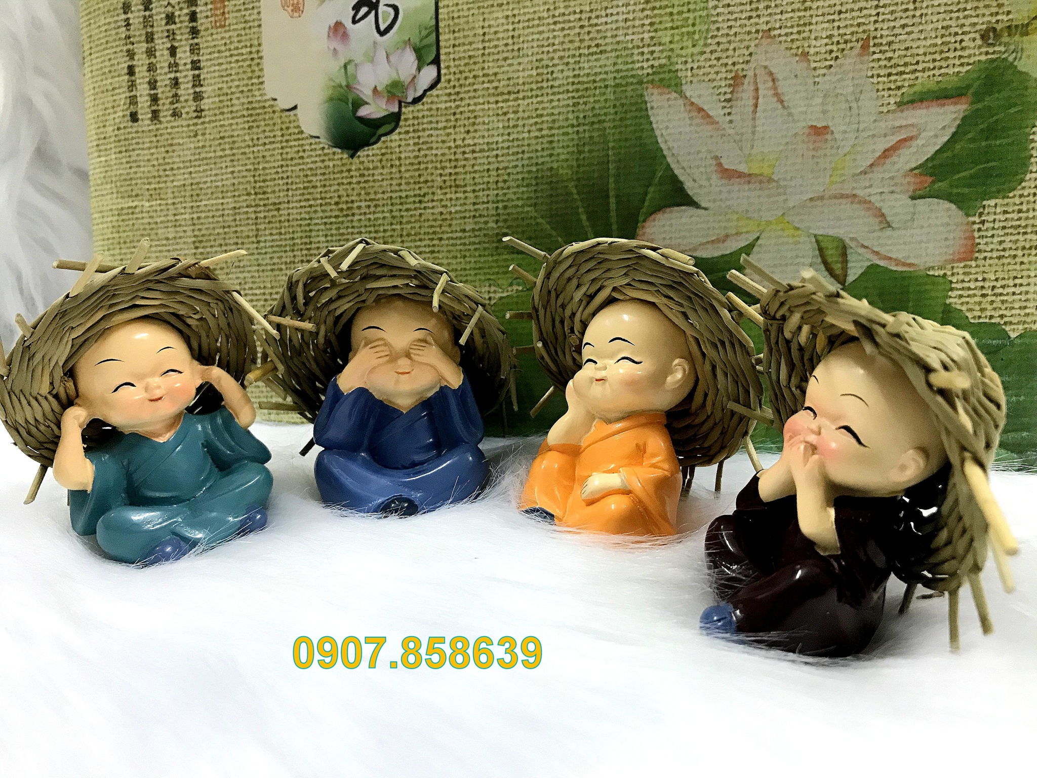 [HCM]Bộ 4 tượng chú tiểu Tứ Không đội nón rơm