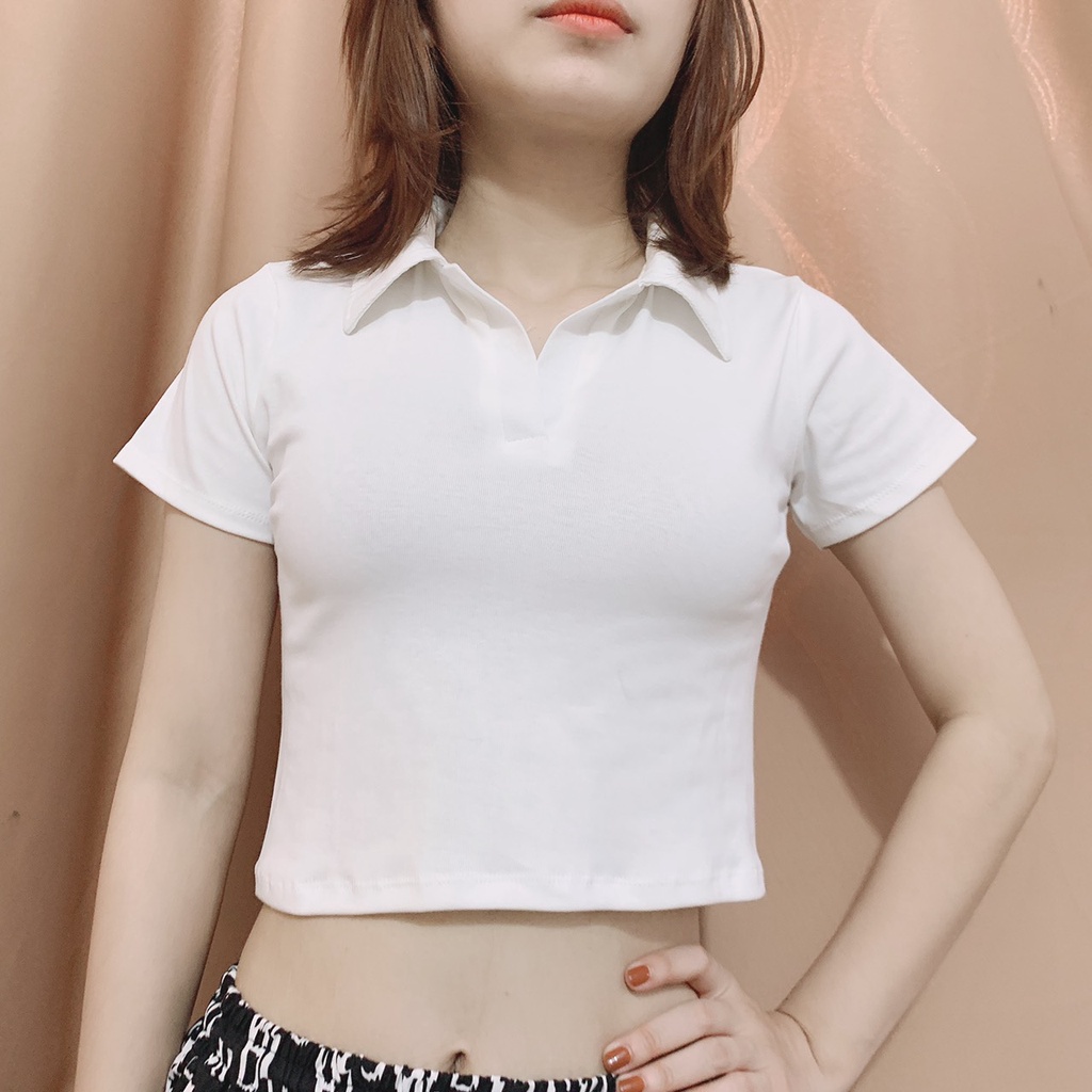 Áo croptop nữ kiểu tay ngắn cổ bẻ dáng ôm xinh xắn PANOSI - MÃ A396