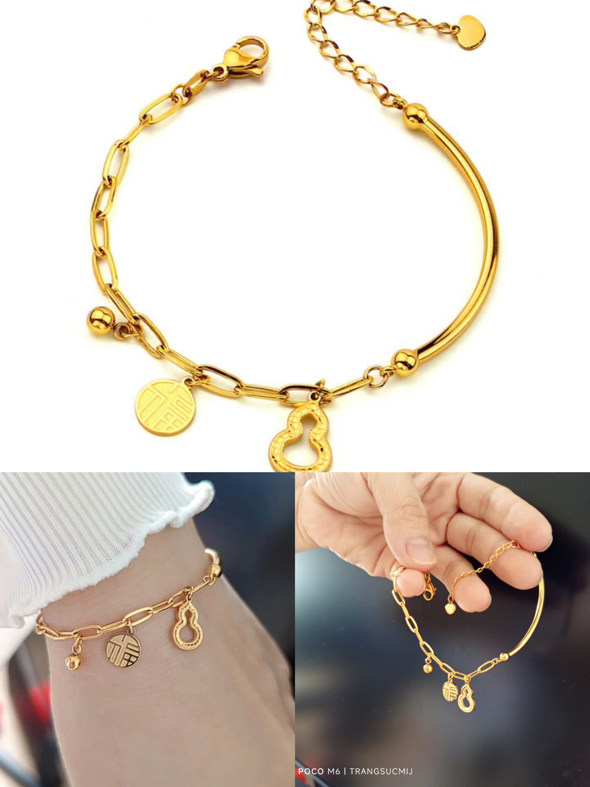 Lắc tay titan đơn giản mạ vàng chữ Phúc, hồ lô, cỏ 4 lá may mắn, chạm khắc lấp lánh