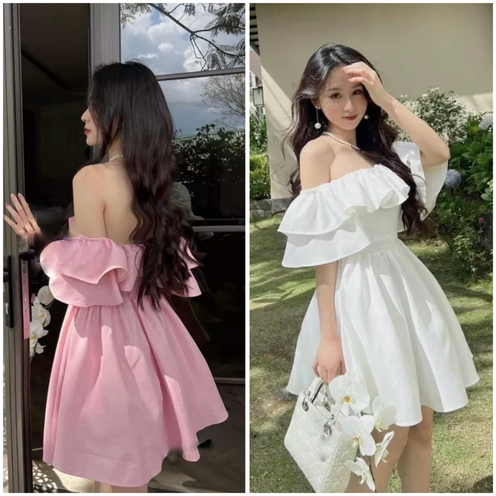 Váy Trễ Vai Von Lụa Mềm 2 Lớp 2 Màu Hồng Trắng (l02)