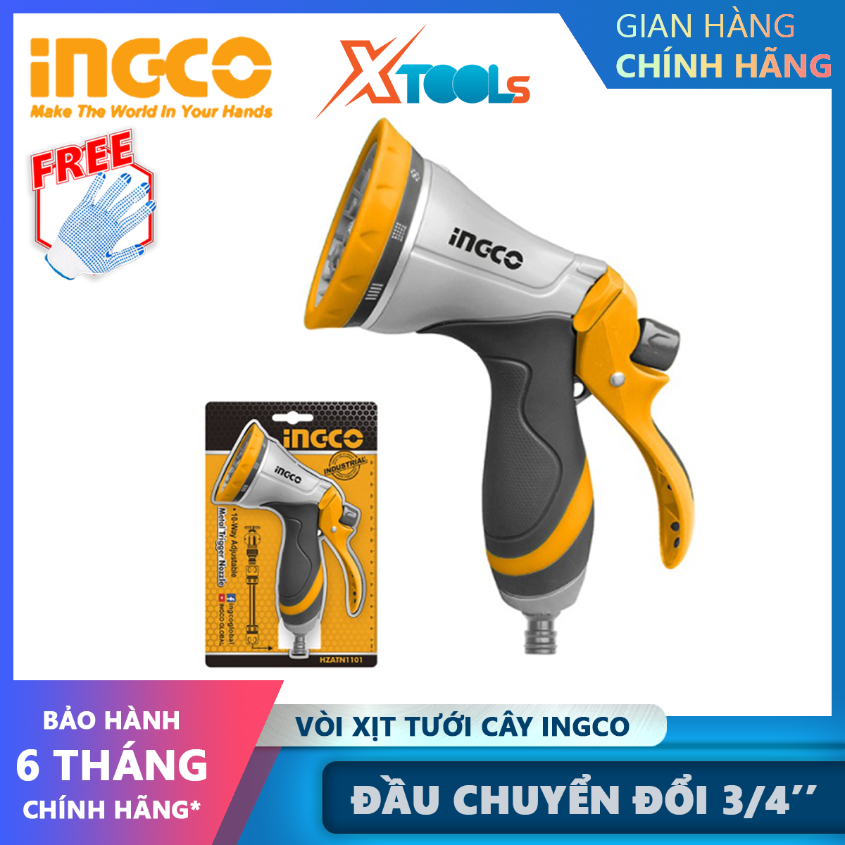 Ingco hzatn1101 garden spray nozzle | 3/4 converter universal spray nozzle, 10 spray modes, 14x7x18,3cm, xtools