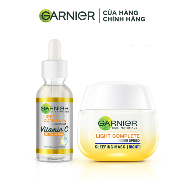 Set tinh chất serum & kem dưỡng mặt nạ ngủ sáng da & giảm thâm mụn dành cho ban đêm Garnier Light Complete Vitamin C - Kitting