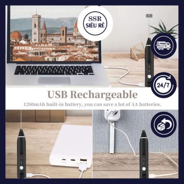 Máy Tạo Bọt Cà Phê Đánh Trứng Dùng Pin Sạc Cổng USB