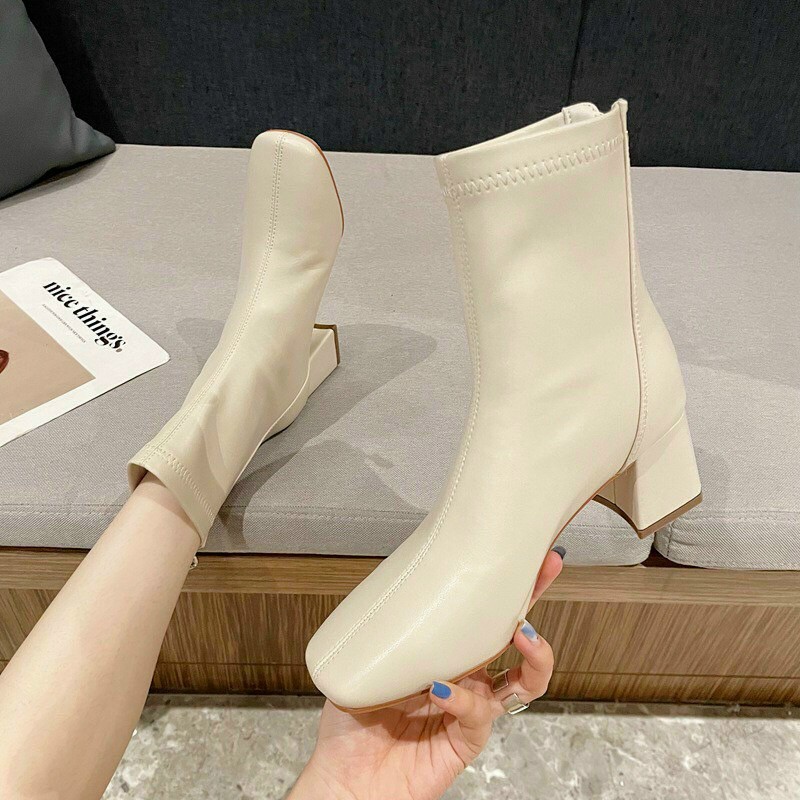 Giày Bốt Nữ Ulzzang cổ cao chất da dáng Hàn Quốc gót 5 phân