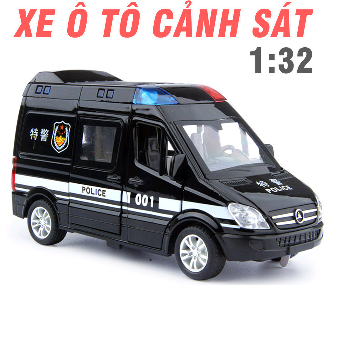Xe ô tô cảnh sát bằng sắt có âm thanh và đèn mở các cửa Mô hình đồ chơi trẻ em