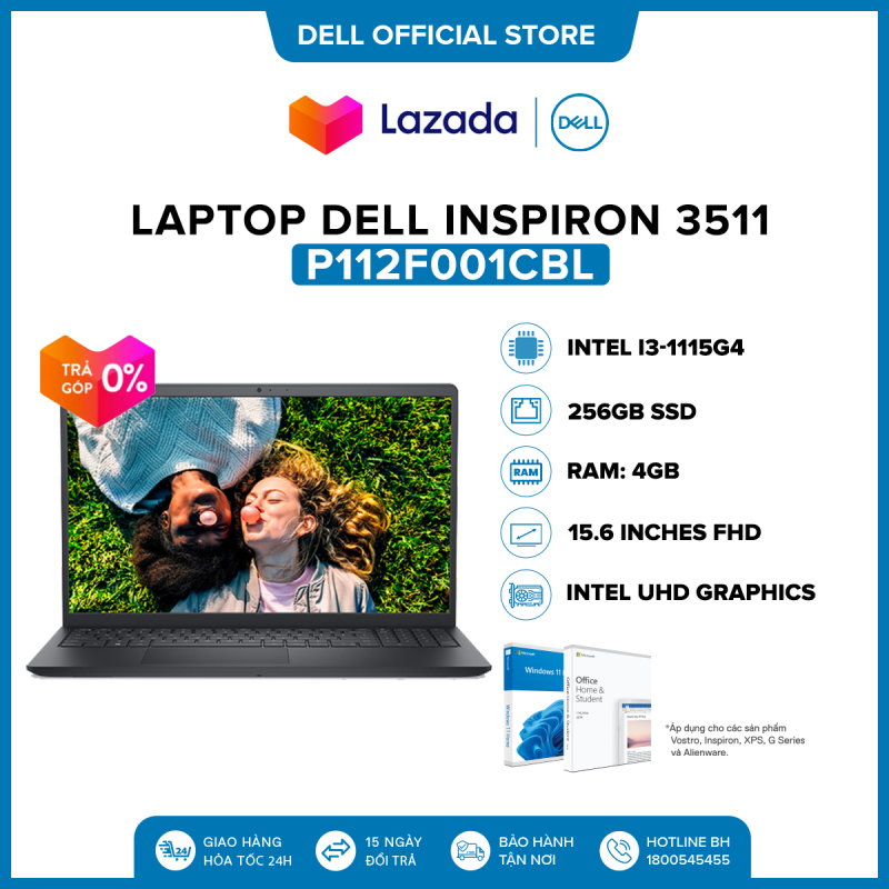 Laptop Dell Inspiron 3511 15.6 inches FHD (Intel / i3-1115G4 / 4GB / 256GB SSD / Office Home & Student 2021 / Windows 11) l Carbon Black l P112F001CBL