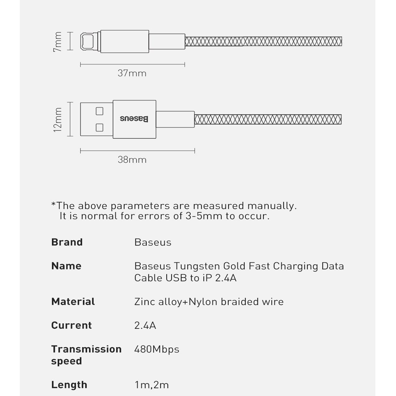 Cáp sạc dữ liệu dùng iPhone/iPad Baseus Tungsten Gold Lightning (USB to Lightning, 2.4A)