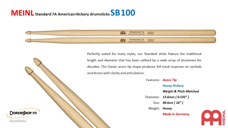 Dùi trống MEINL Standard 7A American Hickory drumsticks SB100