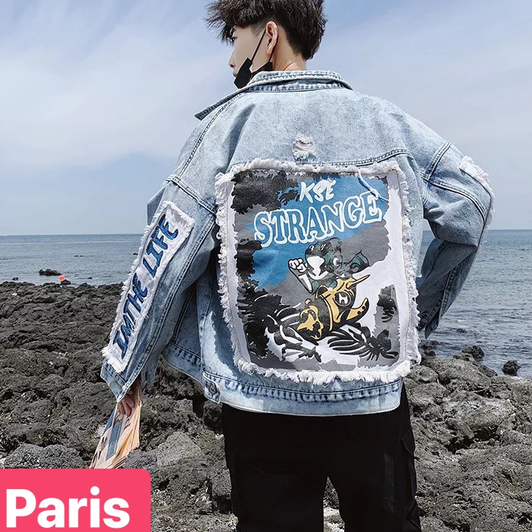 ÁO KHOÁC JEAN NAM CHẤT BÒ XANH BIỂN WASH THU ĐÔNG CHỮ STRANG MỚI CAO CẤP - PARIS FASHION