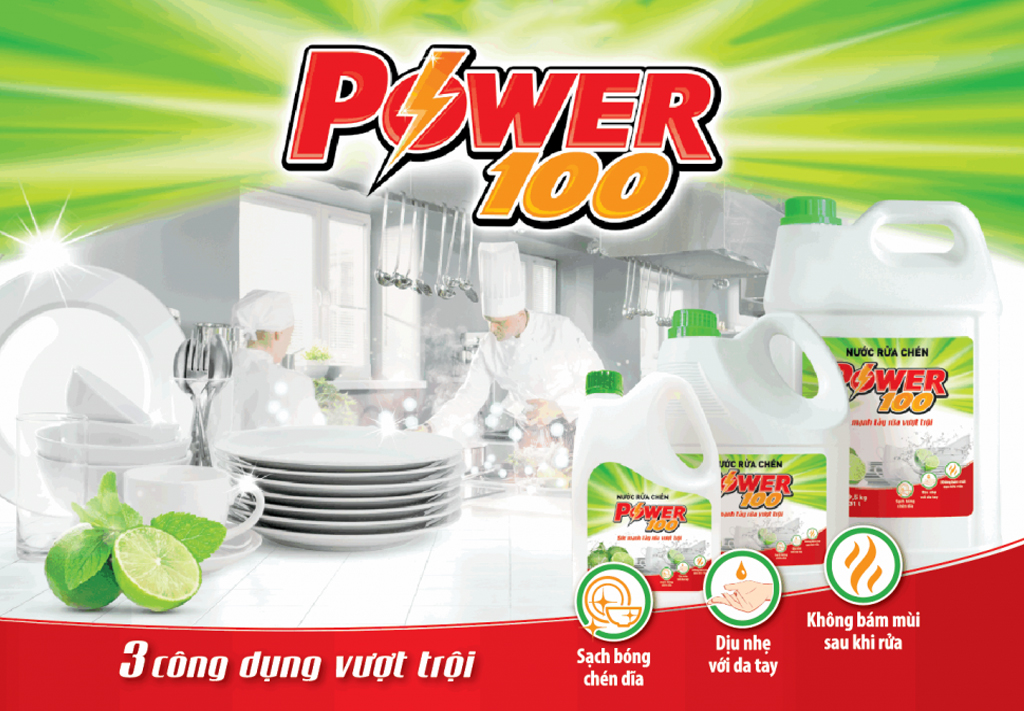 Nước rửa chén POWER100 hương chanh, trà xanh khử mùi tanh can 1.4 kg