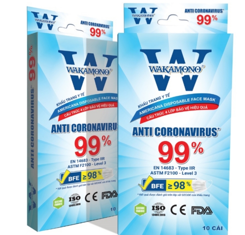 Khẩu trang Wakamono diệt virus Corona 99.99% (Hộp 10 cái)