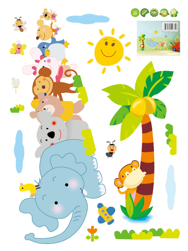 Decal dán tường khỉ con voi con cho bé AY7261-kiddecals Có sẵn keodán trên mọi bề mặt
