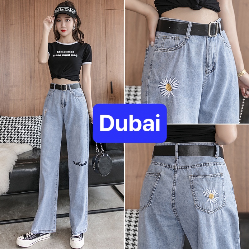 QUẦN BAGGY JEAN NỮ XANH CHẤT BÒ HOA CÚC ỐNG RỘNG DÀI LƯNG CAO NÂNG MÔNG HÀN QUỐC DB-321 CAO CẤP - DUBAI FASHION
