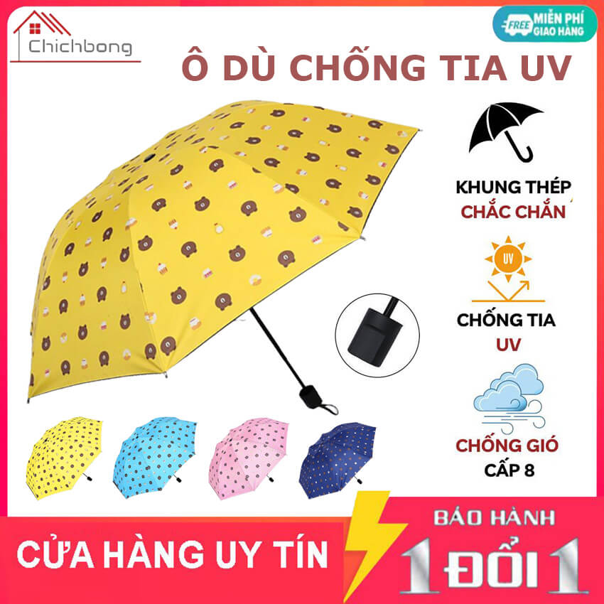 Ô dù che mưa che nắng chống tia UV cầm tay gấp gọn họa tiết Gấu dễ thương, ô che mưa nắng 8 nan cứng cáp, dù che mưa che nắng gấp gọn nhiều màu