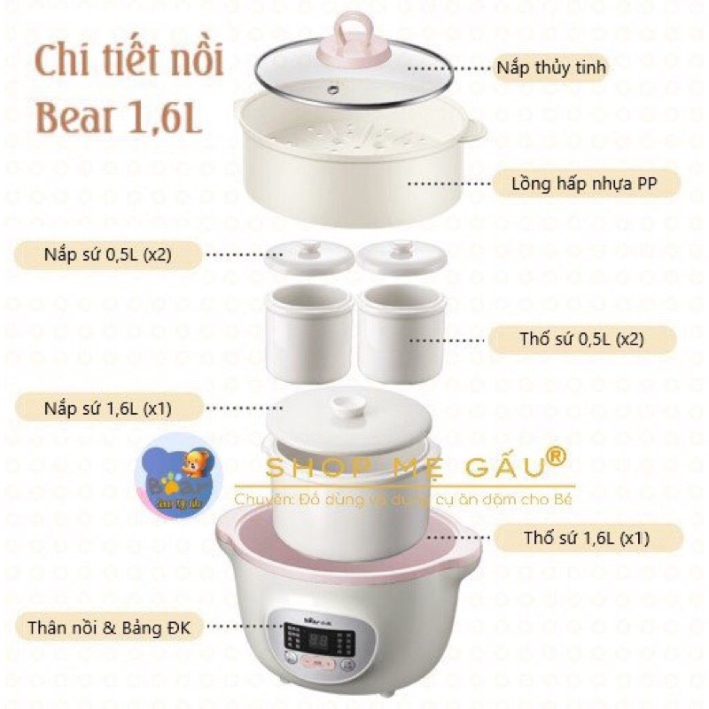 Nồi nấu cháo chậm BEAR 1.6 Lít [Hàng Sẳn,Bản Quốc Tế]
