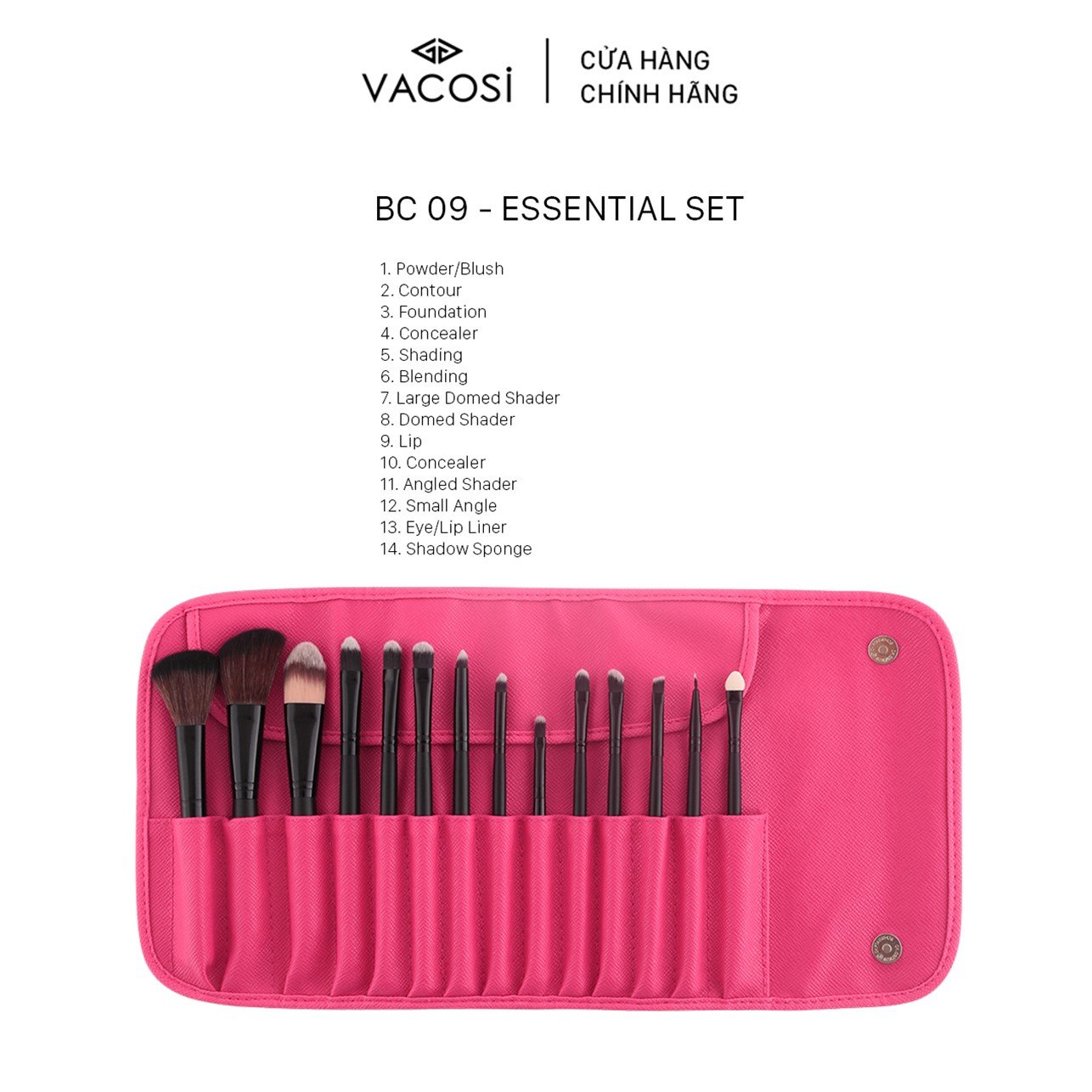 Bộ cọ cá nhân 14 cây & bóp da hồng Vacosi BC09
