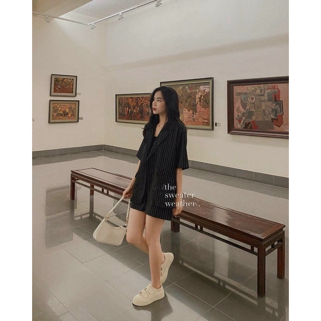 Set blazer kẻ trắng đen/ set vest sọc/ đồ công sở