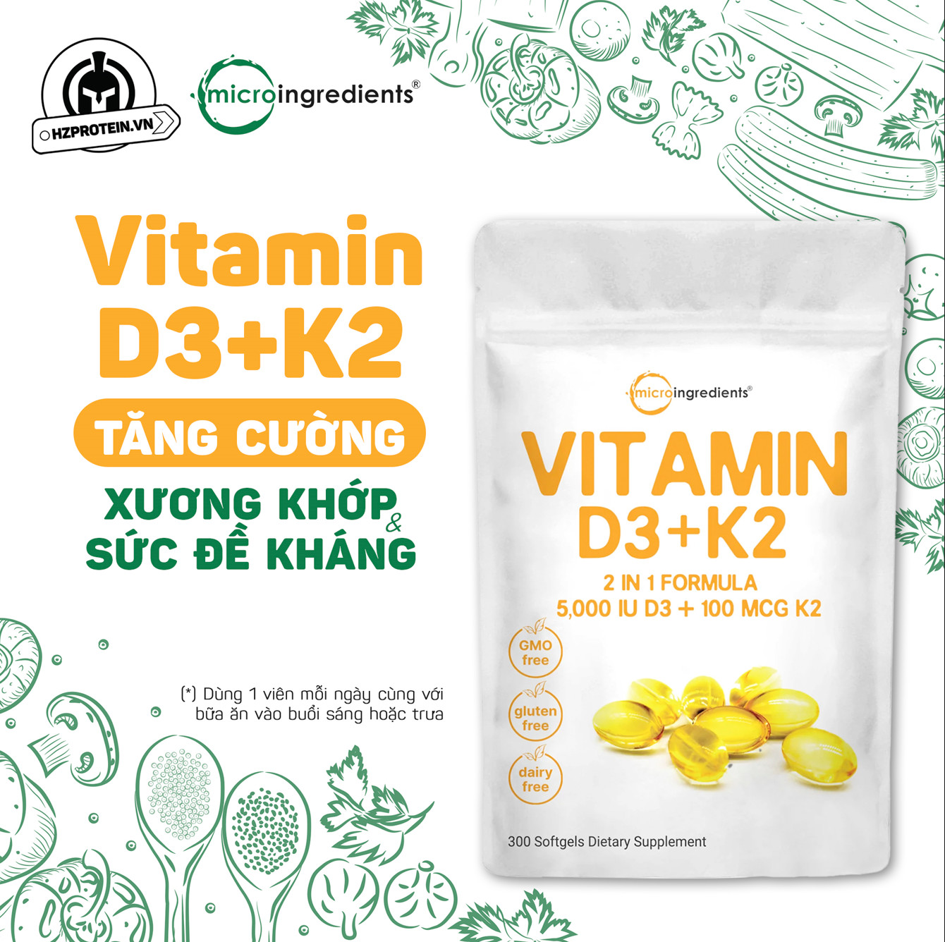 Micro Ingredients D3 5000IU+ K2 (300 Viên) - Hỗ trợ sức khỏe xương và thúc đẩy các động mạch khỏe mạnh