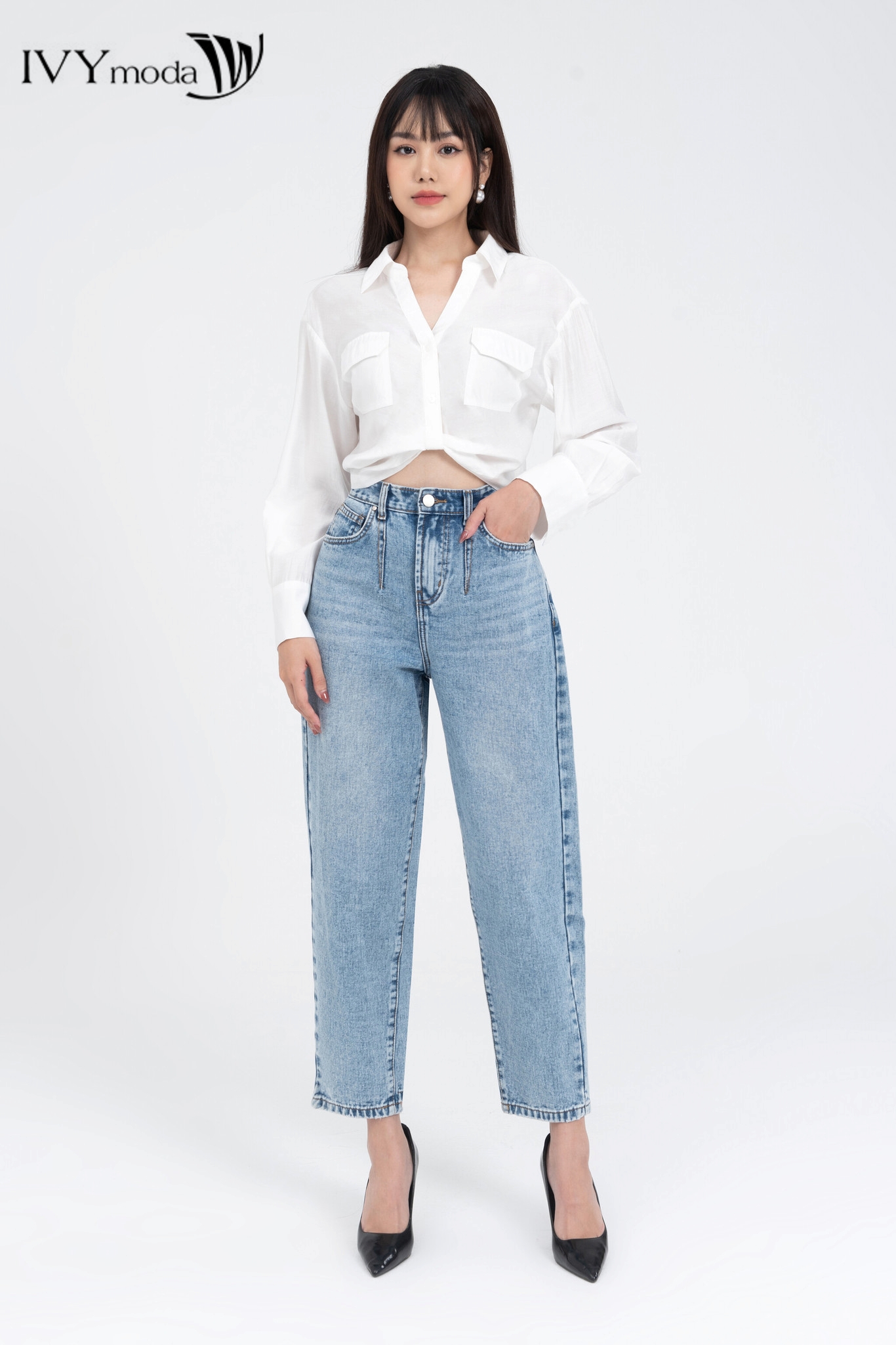 Áo sơ mi croptop kiểu xoắn eo IVY moda MS 17B9461