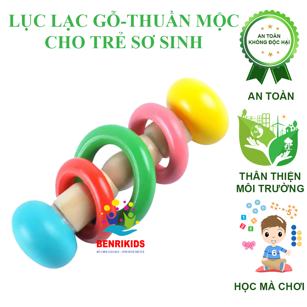 Đồ Chơi Sơ Sinh,Lục Lạc Gậy Vòng Gỗ Sồi Tự Nhiên Cho Bé Từ 0 Đến 9 Tháng Tuổi