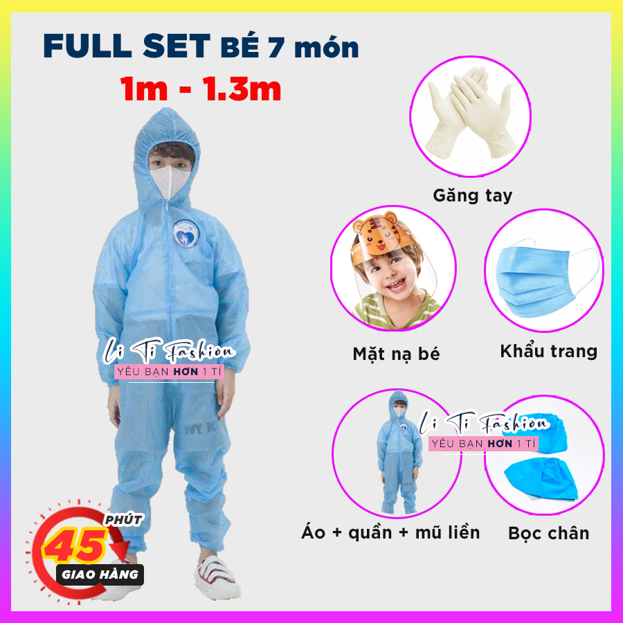 Đồ Bảo Hộ Y Tế Trẻ Em-  Áo quần chống dịch cho bé ( từ 1.1m-1.4m) - Đồ bảo hộ phòng dịch bé, có size người lớn màu xanh và trắng