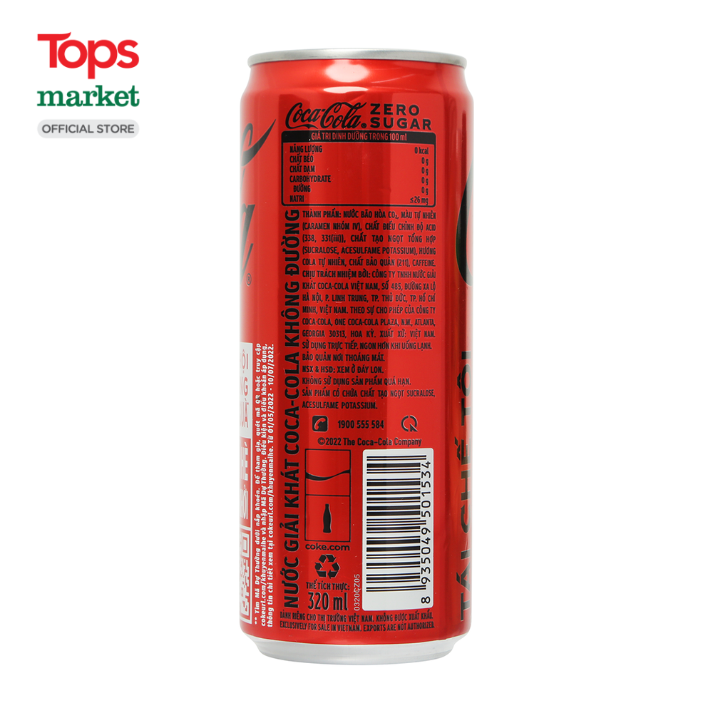 Nước Ngọt Coca Cola Zero 320ML - Siêu Thị Tops Market