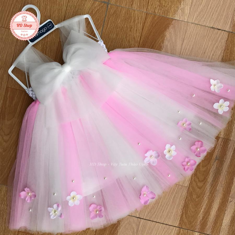 váy tutu hồng phấn phối trắng nơ trắng
