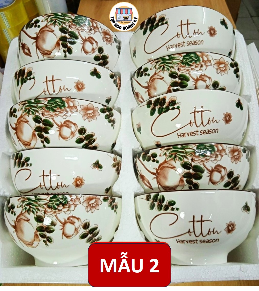 Bộ 10 Chén gốm sứ ăn cơm hoa văn 4D viền miệng chén ( không hộp Mousse)