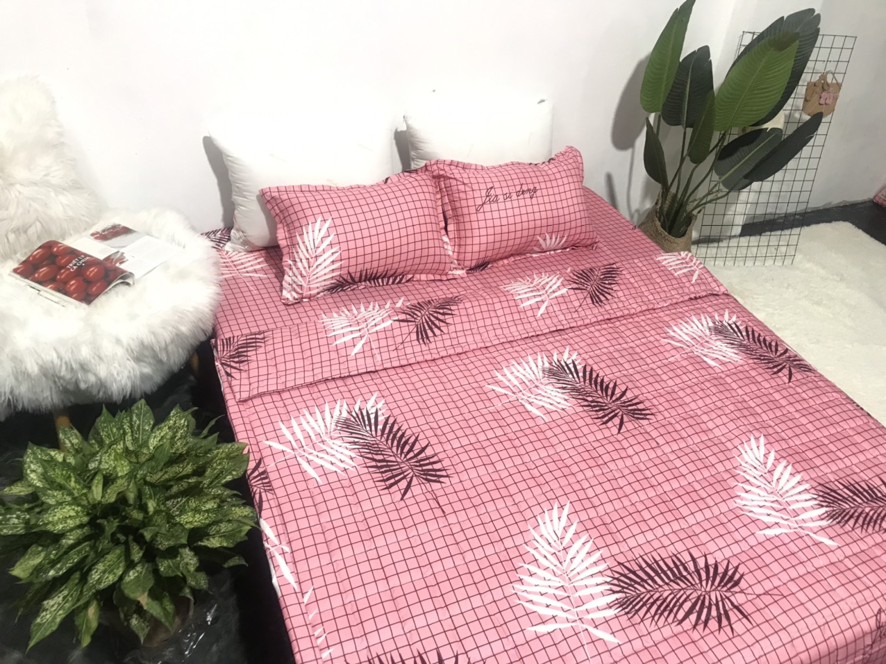 Set Ga Gối Mẫu Lá Cọ Hồng CHM3
