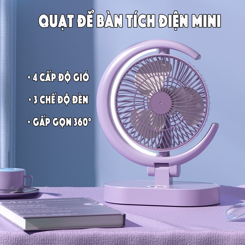 Quạt Gấp Mini Để Bàn Xoay 180 Độ Tích Hợp 3 Mức Độ Đèn, Quạt Sạc USB Tích Điện Với 4 Chế Độ Gió Siêu Mát, Tiện Lợi - Bảo Hành 12 Tháng