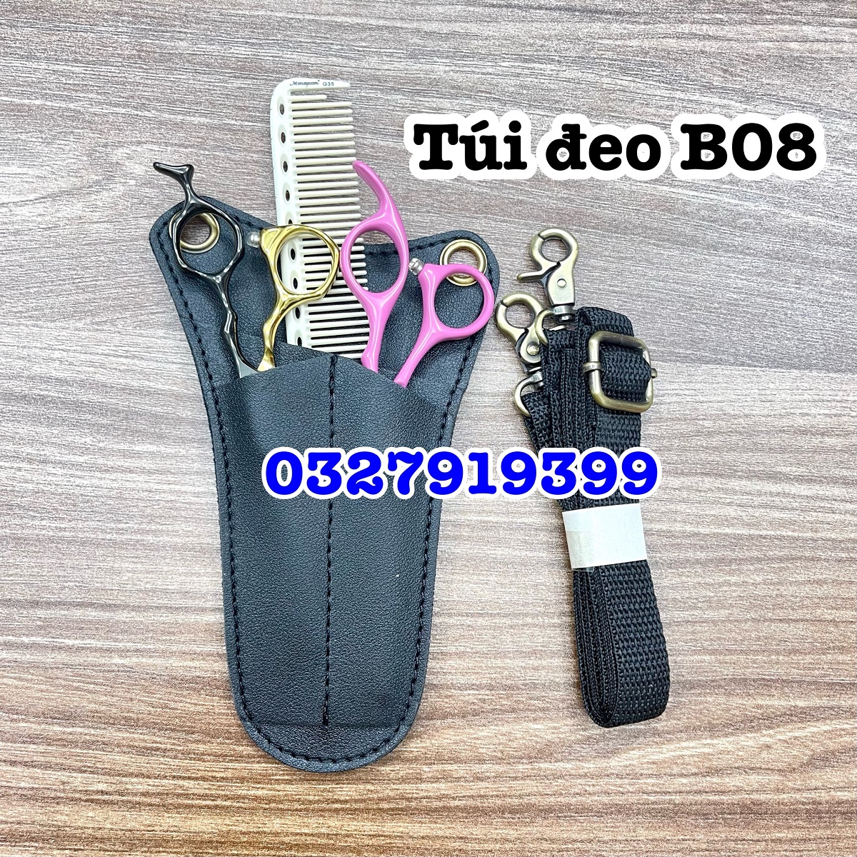 Túi đeo đựng kéo cắt tóc B08 - Chuyên sản phẩm tóc, nhiều ngăn đựng thoải mái, khâu thủ công, dây dài 1m30, kích thước 18x6cm, tiện lợi cho cả đeo hông hoặc đeo chéo
