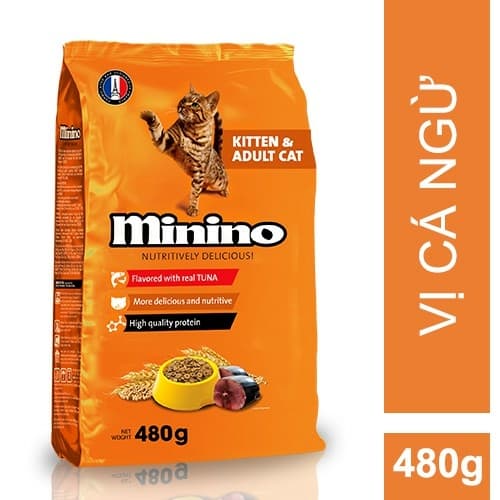 Thức ăn cho mèo hạt khô vị cá ngừ Minino with real tuna 480g kitten and adult cat tiêu chuẩn chất lượng pháp sản xuât tại Việt nam