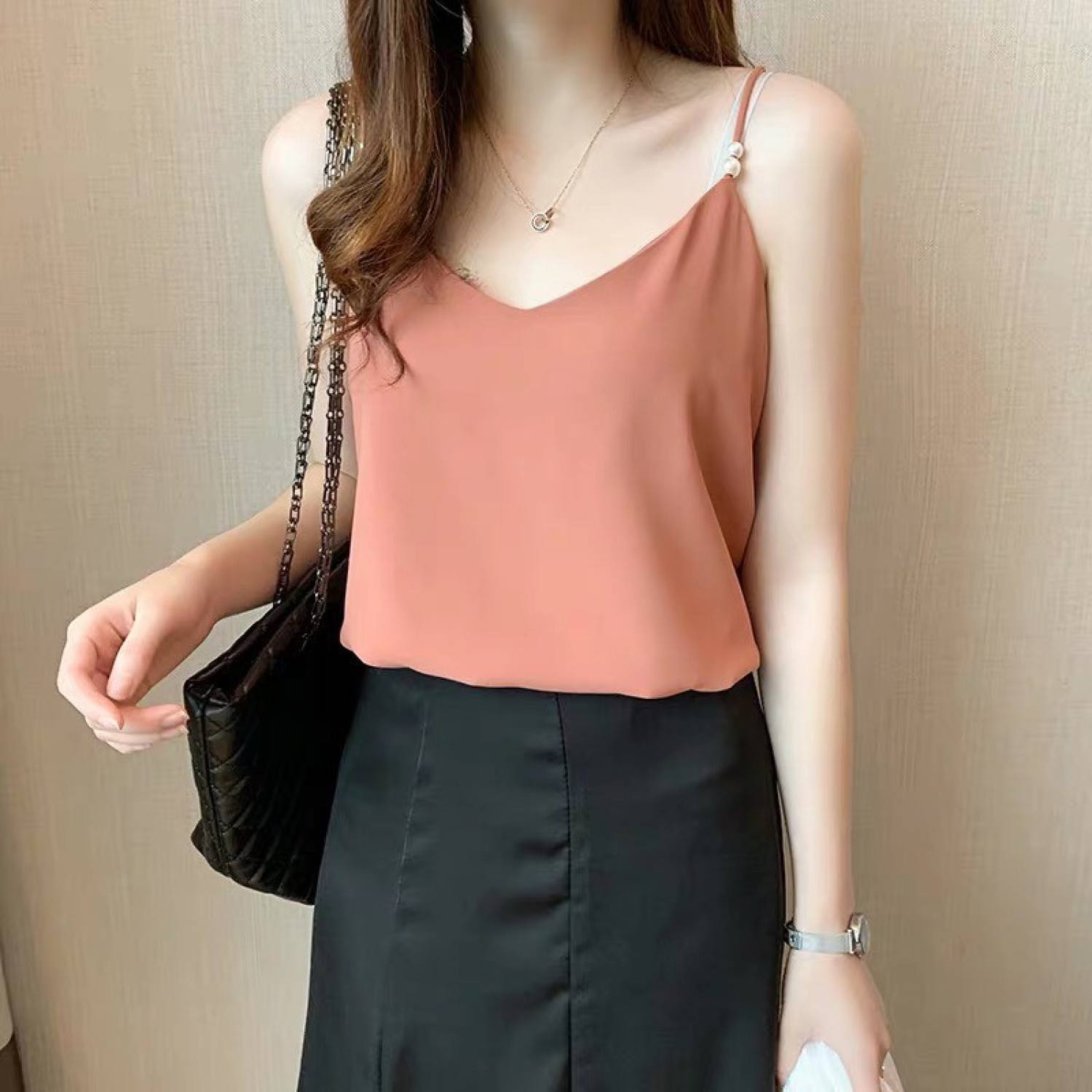 Áo hai dây nữ lụa Hàn dây đính ngọc siêu sang chảnh