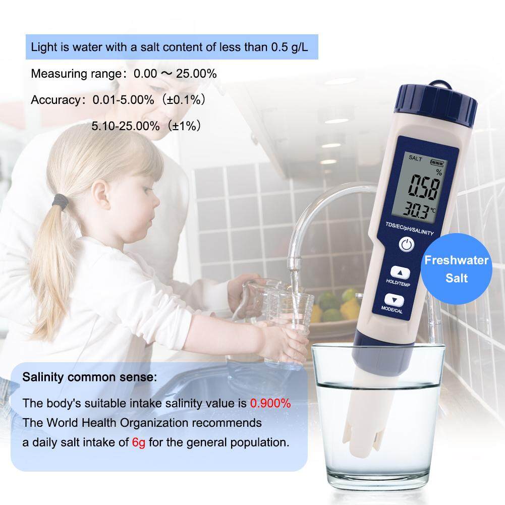 【Bút Kiểm Tra Chất Lượng Nước 5 Trong 1】Máy Đo Độ Mặn Và Độ PH 5 Trong 1, Dùng Để Làm Vườn Và Đo Độ PH/Tds/Ec/Độ MặN/Nhiệt Độ