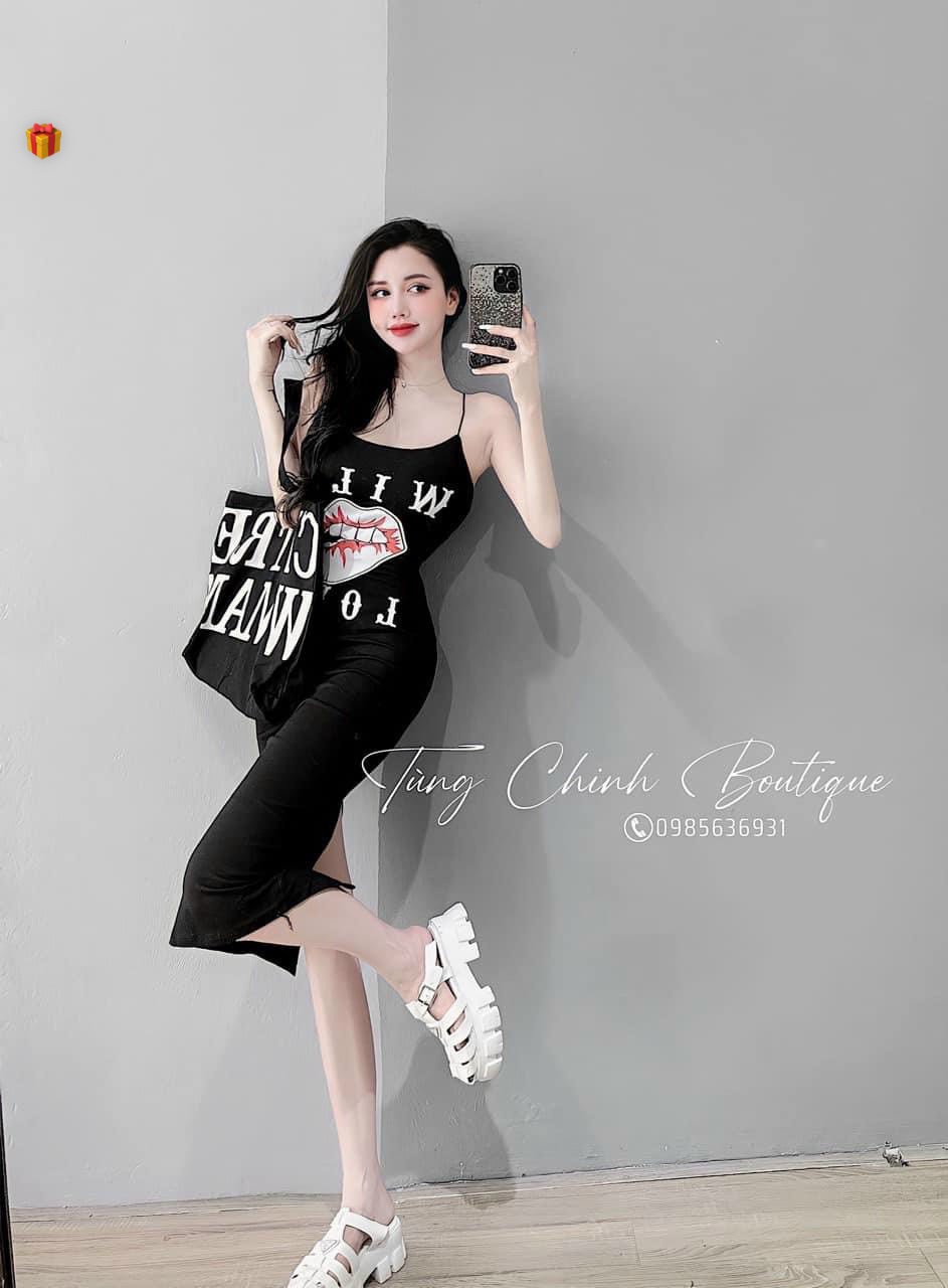 Đầm môi 2 dây dáng dài ôm body