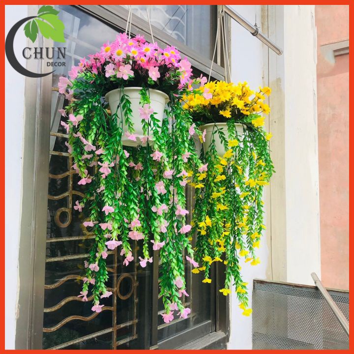 Giỏ hoa treo tường chậu hoa giả dài 80cm trang trí ban công tuyệt đẹp cắm sẵn y hình