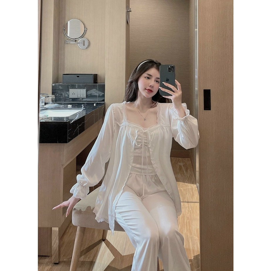 Set Pijama Tiểu Thư Cao Cấp Combo 3 Món Lụa Latin - Đồ Ngủ Nữ Đồ Bộ Freesize