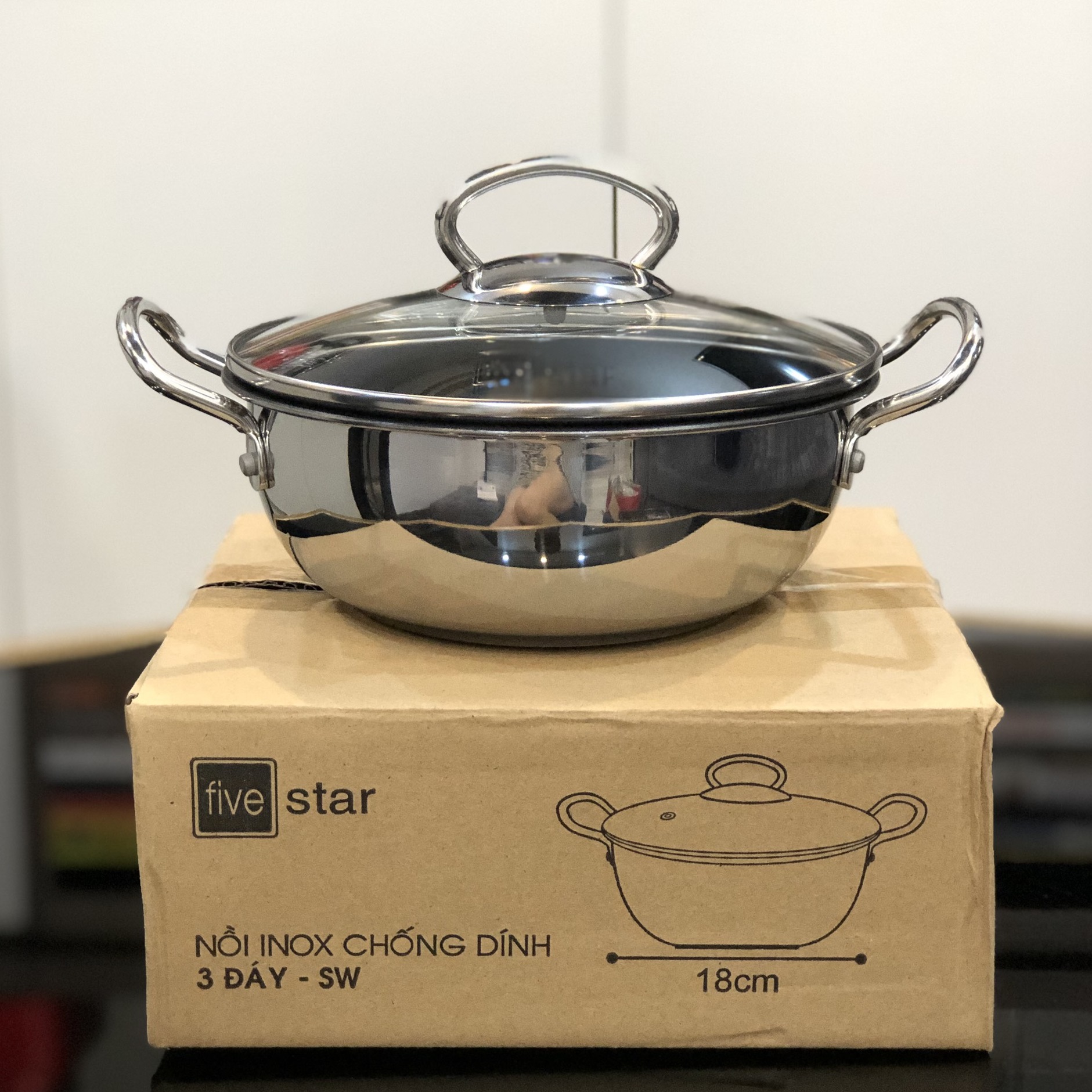 Nồi kho cá chống dính Fivestar 18cm/20cm/22cm/24cm - Inox 3 đáy - Nắp kính - Sử dụng bếp từ