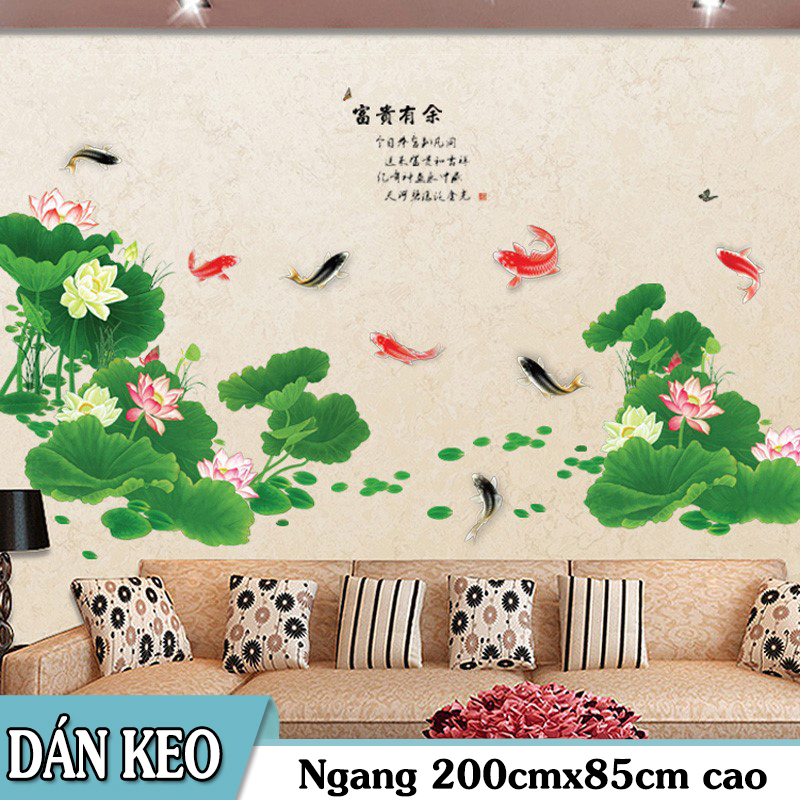 Decal trang trí tường - Hồ Sen đậm lớn và đàn cá KOI