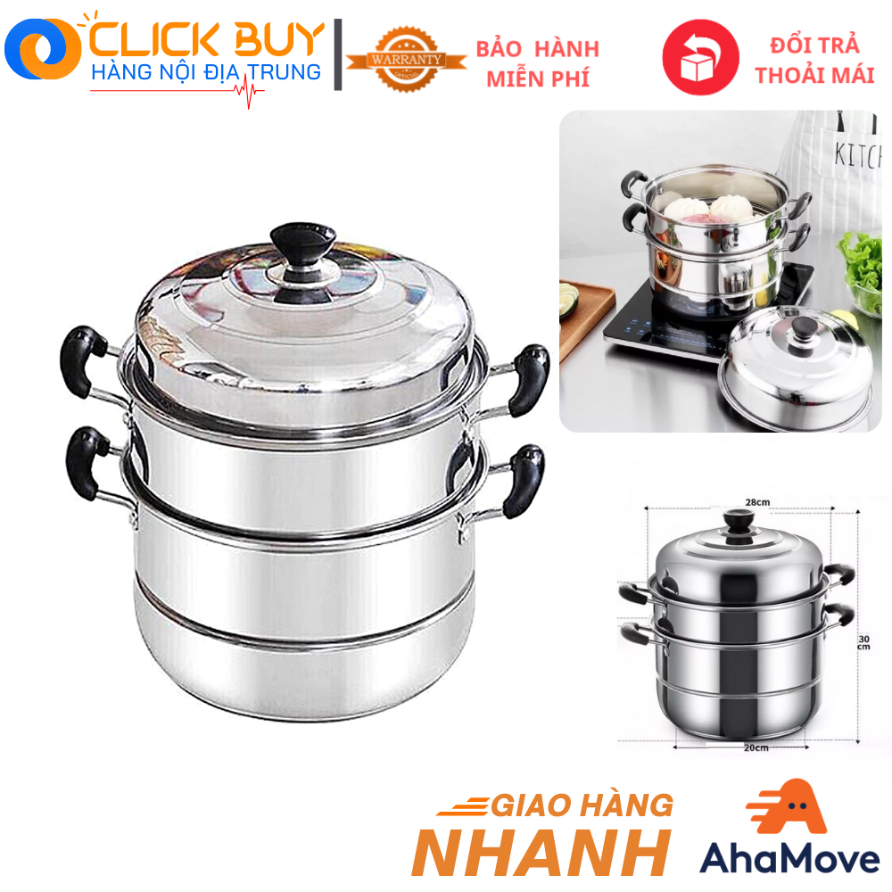 Nồi hấp inox đa năng 3 tầng 1 vỉ cao cấp, Nồi hấp 3 tầng đường kính 28cm dùng trên mọi loại bếp