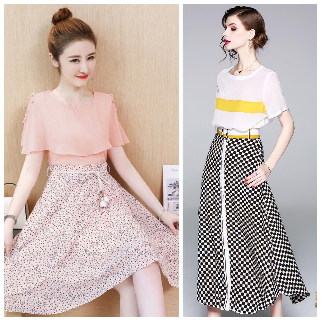 Set áo thun chân váy phối nút kèm belt - beyeu1688 - by7003a