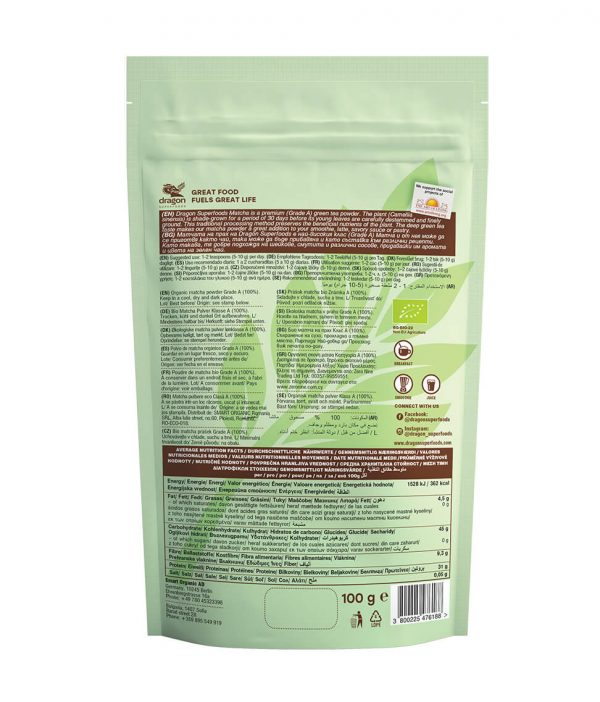Bột trà xanh Matcha hạng A DRAGON SUPERFOODS (Organic Ceremonial Grade Matcha Powder) - 100g