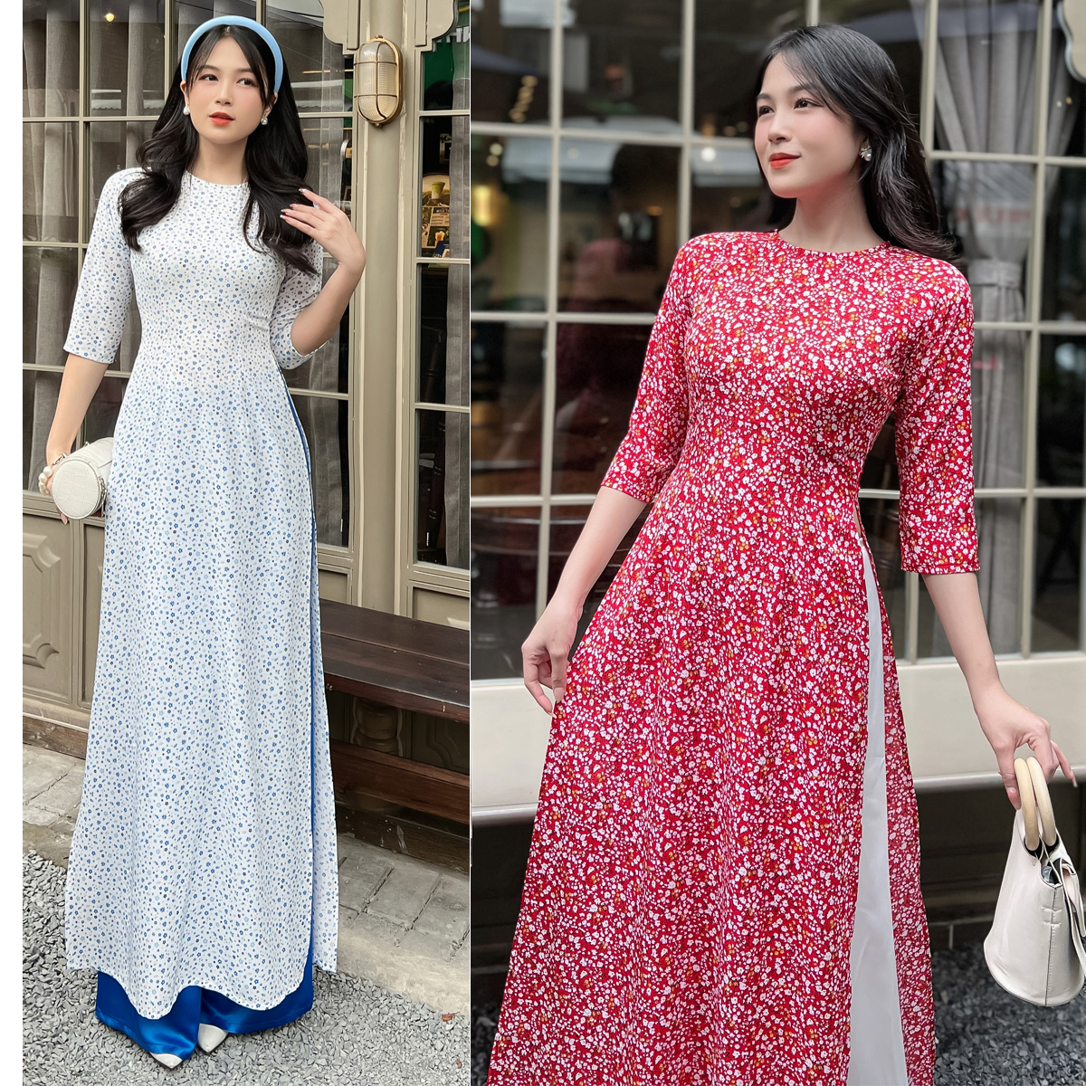 Áo dài hoa nhí tay lỡ AD005- Khánh Linh Style