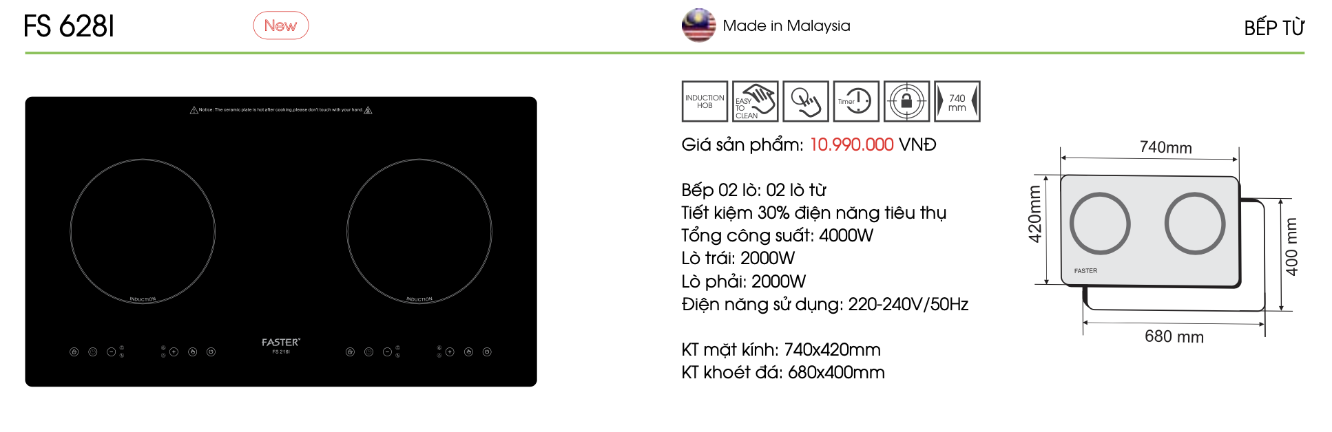 Bếp từ nhập malaysia faster fs 628i ( 2 từ )/628hi ( 1 từ 1 hồng ngoại )